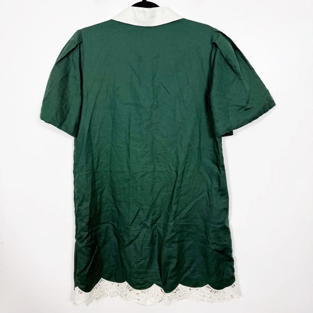 Tuckernuck Dark Green Eyelet Trim Cotton Linen Delilah Dress Size Medium - Picture 7 of 7
